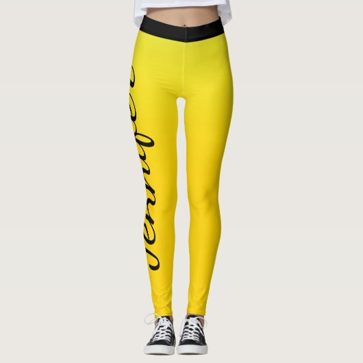 Opvallende Geel en Zwart Custom Name Leggings (Voorkant)