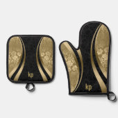 Opvallende gouden zwarte damast dynamische lijnen ovenwant & pannenlap set (Voorkant)