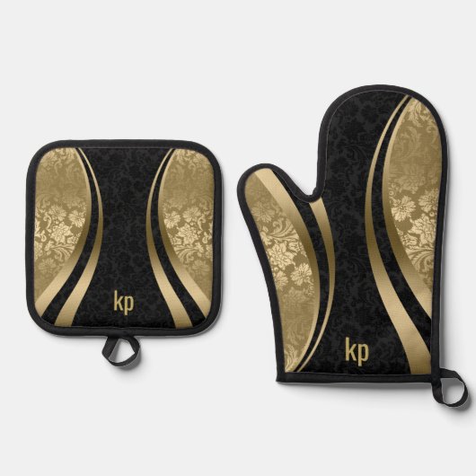 Opvallende gouden zwarte damast dynamische lijnen ovenwant & pannenlap set (Voorkant)