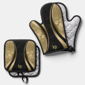 Opvallende gouden zwarte damast dynamische lijnen ovenwant & pannenlap set (Voorkant / Achterkant)