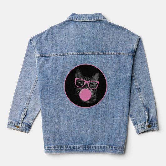 Opvallende kat roze glazen en kauwgom denim jacket (Achterkant)
