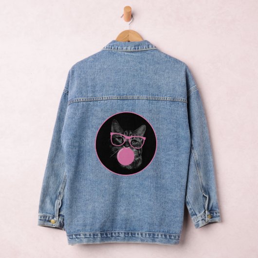 Opvallende kat roze glazen en kauwgom denim jacket (Hangar)