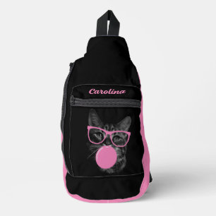 Opvallende kat roze glazen en kauwgom sling bag