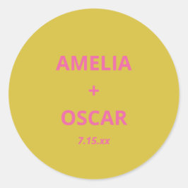 Opvallende moderne chartreuse roze gele trouw aang ronde sticker