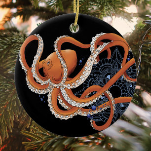 Opvallende Oranje Hypnotiserende Octopus Mandala Keramisch Ornament