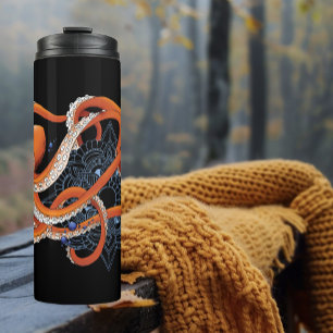 Opvallende Oranje Hypnotiserende Octopus Mandala Thermosbeker