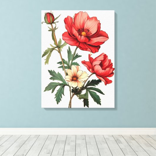 Opvallende rode papavers op een heldere witte acht canvas afdruk (Insitu (Houten vloer))