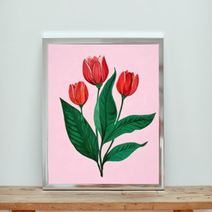 Opvallende rode tulpen op een zachte roze achtergr foto afdruk