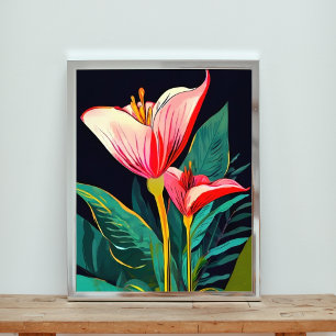 Opvallende roze en rode bloemen op zwart foto afdruk