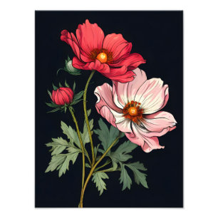 Opvallende roze en rode bloemen op zwart foto afdruk