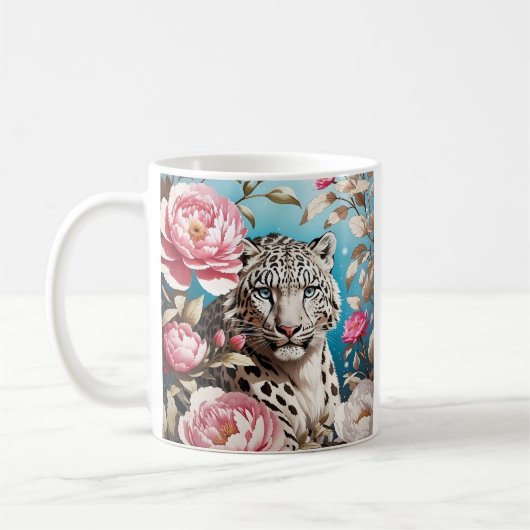 Opvallende sneeuw Leopard blik roze pioen bloemen Koffiemok (Links)