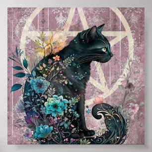 Opvallende Zwarte Kat Jewel-Toned Pentacle Flowers Poster