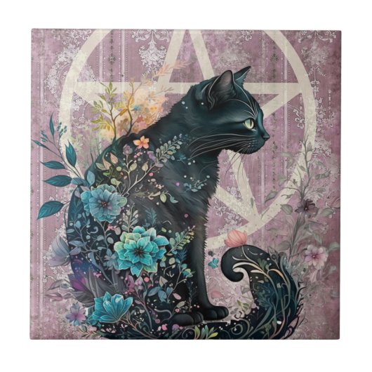Opvallende Zwarte Kat Jewel-Toned Pentacle Flowers Tegeltje (Voorkant)