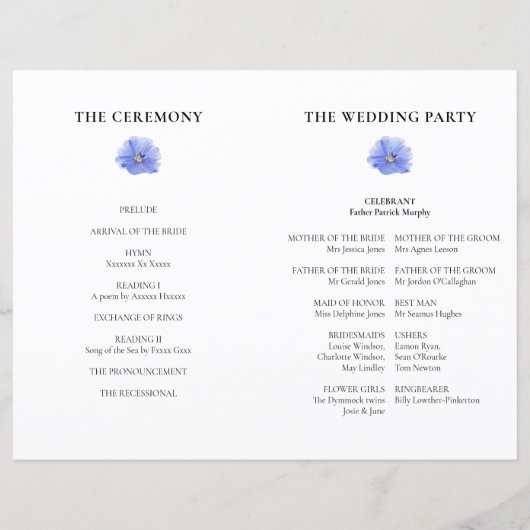 Opvouwbaar Bord Blauw Bloemen Bruiloft Programma (Achterkant)