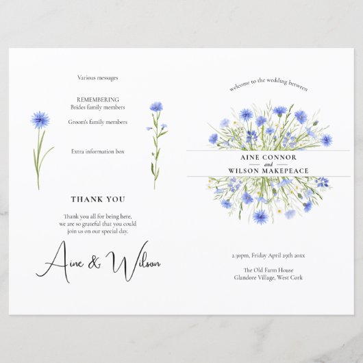 Opvouwbaar Bord Blauw Bloemen Bruiloft Programma (Voorkant)