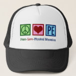 Opzetbare PE Teacher Peace Love Physical Education Trucker Pet<br><div class="desc">Peace Love P.E. Een schattige PE-leraar kerstcadeau voor een coach die les geeft over de basisschool en de lichamelijke opvoeding voor studenten. Een coole gym leraar cadeau.</div>