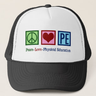 Opzetbare PE Teacher Peace Love Physical Education Trucker Pet