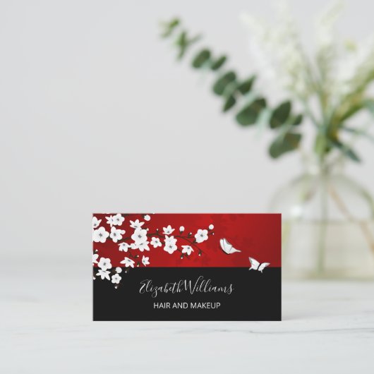 OR Code Floral Cherry Blossoms Red White Visitekaartje (Staand voorkant)
