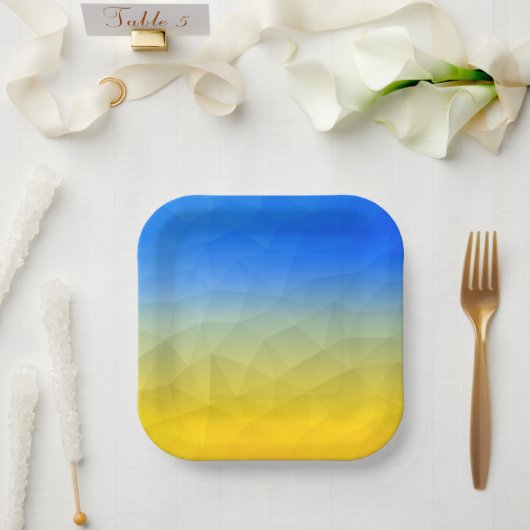 Oraal geel blauw geometrisch maaspatroon papieren bordje (Huwelijk)