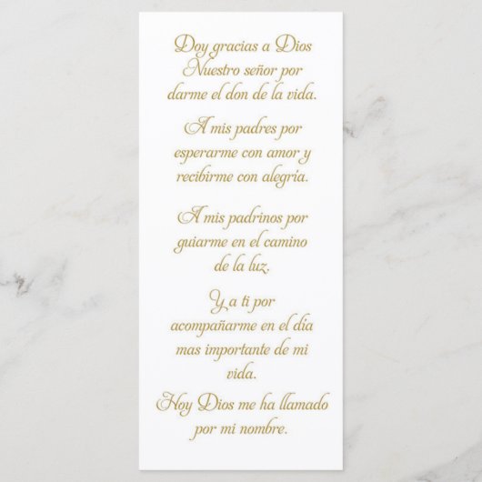 Oraciones Cortas Bautizo Tarjeta Prayer Menu (Achterkant)