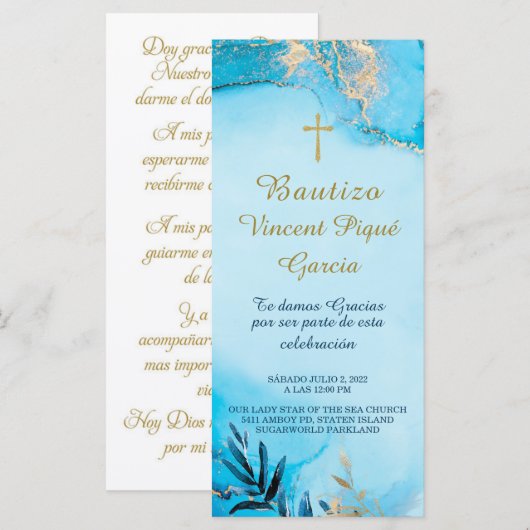 Oraciones Cortas Bautizo Tarjeta Prayer Menu (Voorkant / Achterkant)