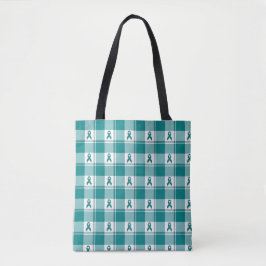 Oral Cancer Awareness Plaid Teal Ribbon Tote Bag