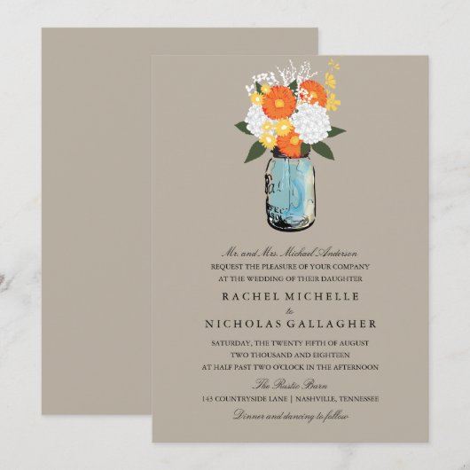 Oranage Yellow Citrus Bloom Mason Jar | Weddenscha Kaart (Voorkant / Achterkant)