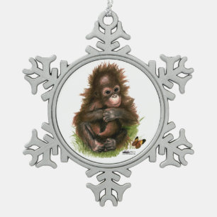 Orang-oetan Baby en Vlinder Tin Sneeuwvlok Ornament