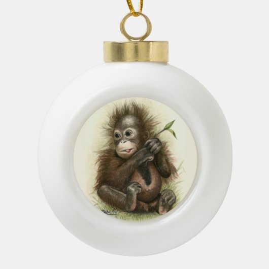 Orang-oetan Baby Met Bladeren Keramische Bal Ornament (Voorkant)