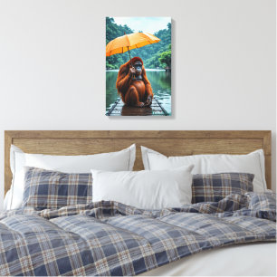 Orang-oetan met oranje paraplu canvas afdruk
