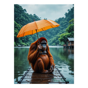 Orang-oetan met oranje paraplu perfect poster