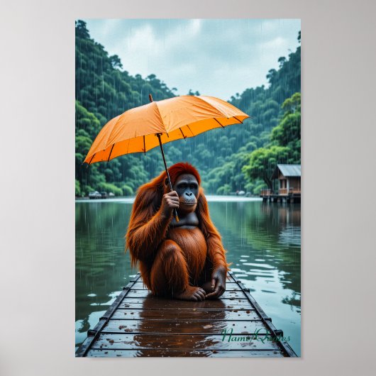 Orang-oetan met oranje paraplu poster (Voorkant)