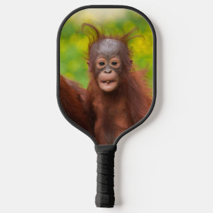 Orang-oetanbaby knuffelt bij mama pickleball paddle