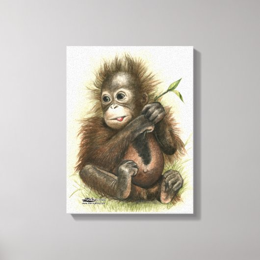 Orang-oetanbaby met bladeren canvas afdruk (Voorkant)