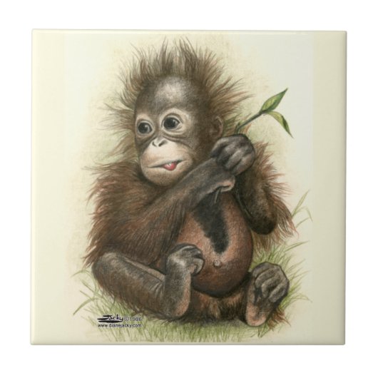 Orang-oetanbaby met bladeren tegeltje (Voorkant)