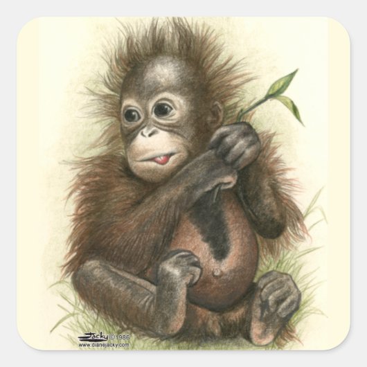 Orang-oetanbaby met bladeren vierkante sticker (Voorkant)