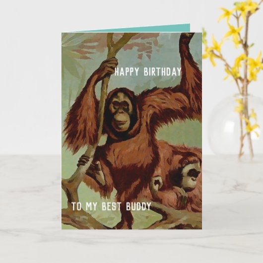  orang-oetans aan een boom - Happy Birthday Kaart (Gele Bloem)