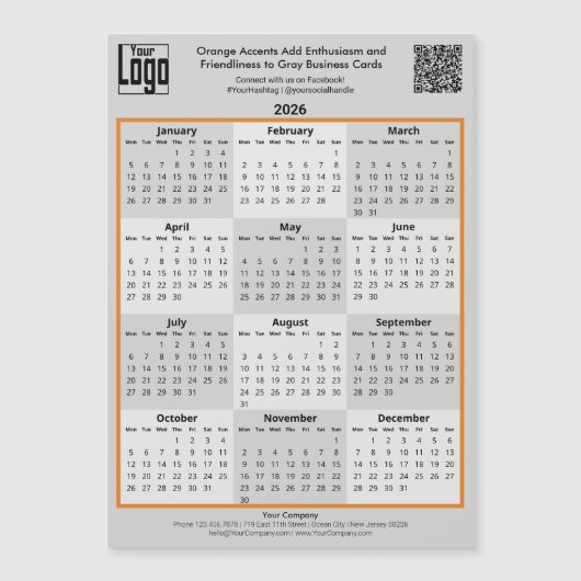 Orange Accents & Logo Gray 2026 Calendar Magnet (Voorkant)