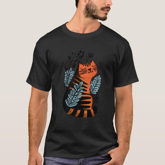 Orange and Black Striped Cat with Floral Design T-shirt (Voorkant)