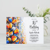 Orange and Blue Floral 16th Birthday Party Kaart (Staand voorkant)
