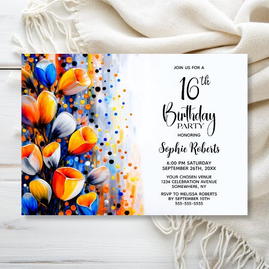 Orange and Blue Floral 16th Birthday Party Kaart