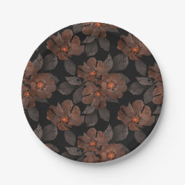 Orange and brown flowers on a black background. papieren bordje