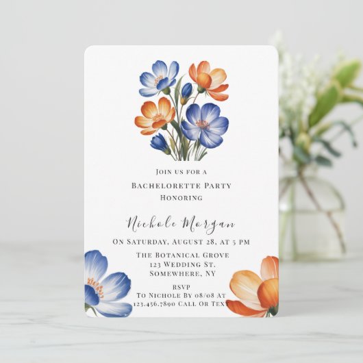 Orange and Cobalt Blue Floral Bachelorette Party Kaart (Staand voorkant)