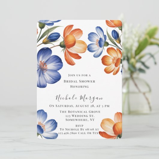 Orange and Cobalt Blue Floral Bridal Shower Kaart (Staand voorkant)