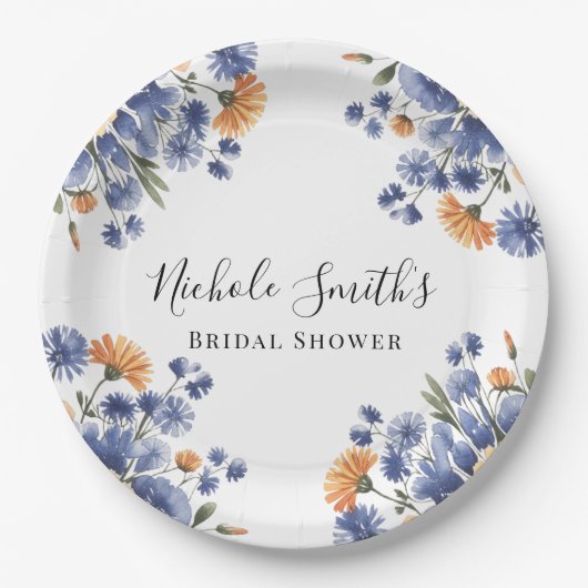 Orange and Cobalt Blue Floral Bridal Shower Papieren Bordje (Voorkant)