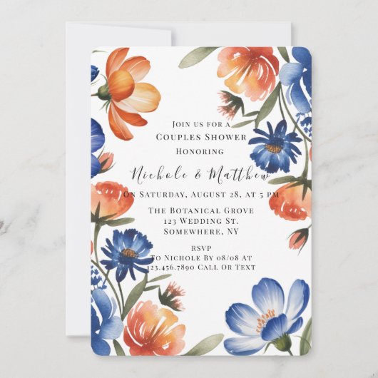Orange and Cobalt Blue Floral Couples Shower Kaart (Voorkant)