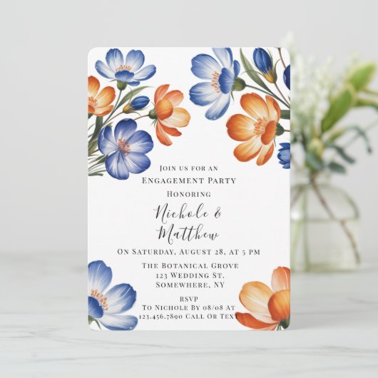 Orange and Cobalt Blue Floral Engagement Party Kaart (Staand voorkant)