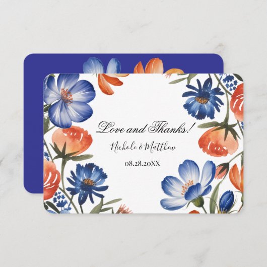 Orange and Cobalt Blue Floral Wedding Bedankkaart (Voorkant / Achterkant)