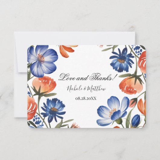 Orange and Cobalt Blue Floral Wedding Bedankkaart (Voorkant)