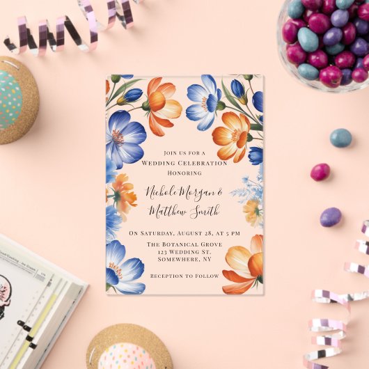 Orange and Cobalt Blue Floral Wedding Celebration Acryl Uitnodigingen (Insitu (Viering))